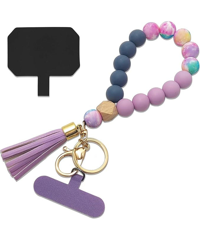 Phone Lanyard Silicone Beaded Phone Wrist Strap Cute Elastic Cell Phone Wristlet Chain Bracelet with 2 Tether Tab