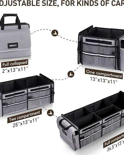 HIRALIY 4 in 1 Car Trunk Storage Organizer with Leakproof Cooler Bag, Multi-Compartment Foldable Trunk Storage Box for Car Truck SUV Gray