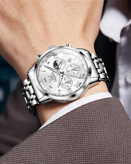 OLEVS Mens Watch Luxury Big Face Stainless Steel Analog Quartz Multifunctional Waterproof Luminous Date Two Tone Fashion Dress Wrist Watches for Man