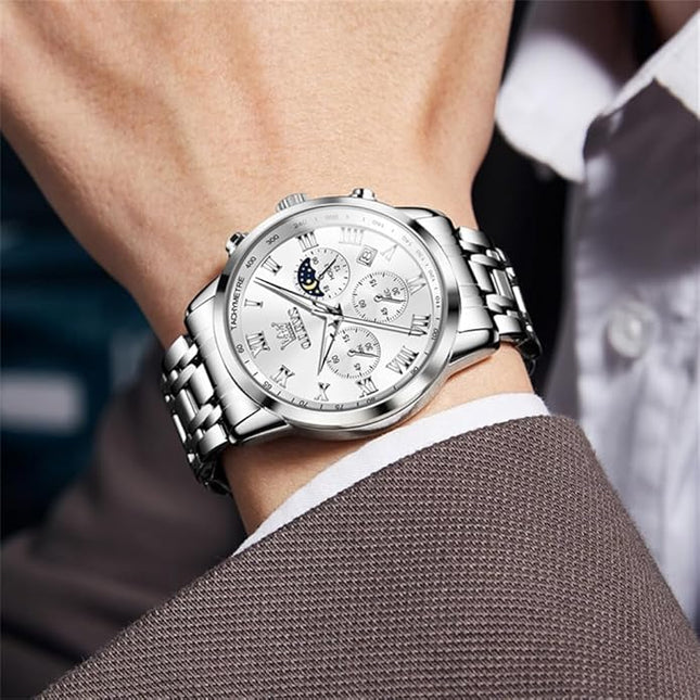 OLEVS Mens Watch Luxury Big Face Stainless Steel Analog Quartz Multifunctional Waterproof Luminous Date Two Tone Fashion Dress Wrist Watches for Man