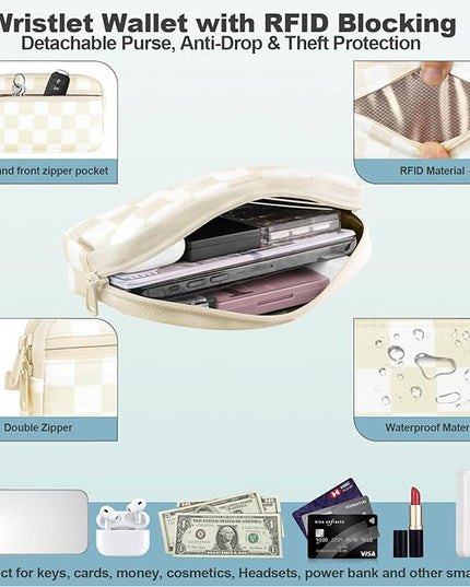 Clip and Go Strap for Phone with Wallet Crossbody, Adjustable Phone Lanyard with Detachable RFID Wristlet Wallet, Phone Strap with Phone Tabs for All Phones, Cream Checkered (L)