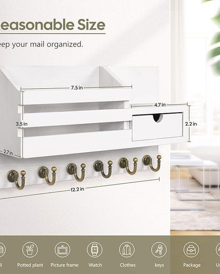 FifthQuarter Key Holder Wall Mount: Key and Mail Holder for Wall with 6 Hooks and Storage Drawer, Easy Installation Key Rack for Entryway Home Decor (A-White)