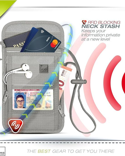 Lewis N. Clark RFID Blocking Stash Neck Wallet, Travel Pouch + Passport Holder for Women & Men, Gray