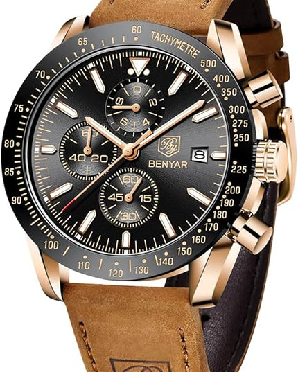 BY BENYAR Watch for Men Analog Quartz Chronograph Waterproof Luminous Designer Mens Wrist Watches Business Work Sport Casual Dress Watch with Silicone Strap Elegant Gifts for Men