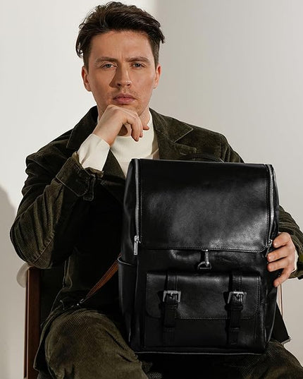 Time Resistance Leather Backpack - Laptop Travel Bag Rucksack up to 15” - Bag for Men and Women (Black)