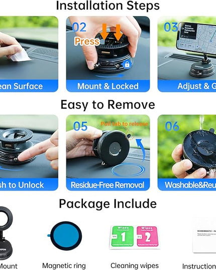 Upgraded Car Phone holder for Magsafe [120LBS Suction Cup & 3000gf Magnet ] 1100° Adjustable Vacuum Magnetic Phone Holders for Your Car, Dashboard Car Mount Bracket for iPhone & Android, Carbon Fiber