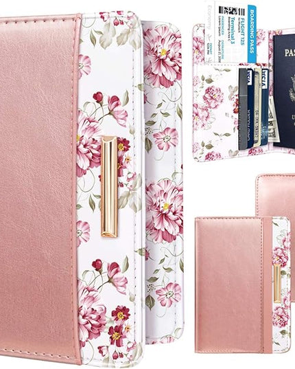 Passport Holder Cover Travel RFID Blocking Passport Cover Rose Gold Cute Flowers Passport Wallet with Elastic Band for Women