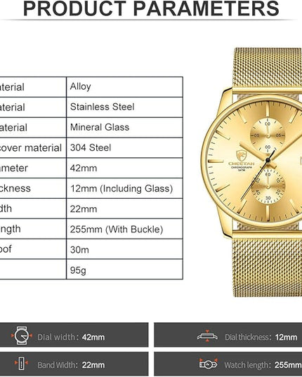 GOLDEN HOUR Mens Watch Fashion Sleek Minimalist Quartz Analog Mesh Stainless Steel Waterproof Chronograph Watches for Men with Auto Date