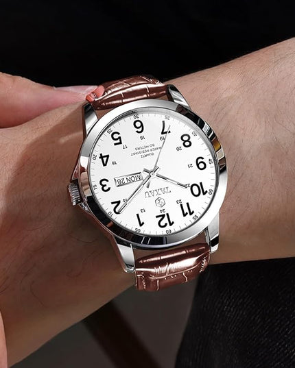 Men's Watches Leather Band Stainless Steel Quartz Analog Watch Luxury Waterproof Watches for Men Dress Men's Wrist Watch with Day Date Arabic Numeral Relojes para Hombre