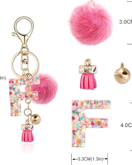 Resin Alphabet Initial Letter Keychain Keyring for Women Purse Handbags With Fur Ball Pom