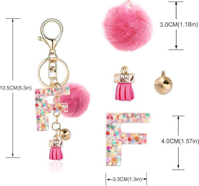 Resin Alphabet Initial Letter Keychain Keyring for Women Purse Handbags With Fur Ball Pom