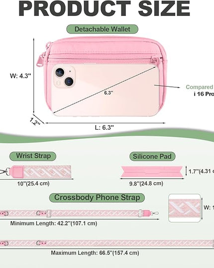 Clip and Go Strap for Phone with Wallet Crossbody, Adjustable Phone Lanyard with Detachable RFID Wristlet Wallet, Pattern Strap, Pink(M)