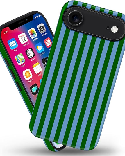 Magnetic for iPhone 17 Air Case Cute Stripes Phone Case, Shockproof Slim TPU and Hard PC Protective Phone Cover Compatible with MagSafe Designed for Women Girls, Green and Blue