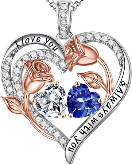 Iefil Christmas Gifts for Women Wife - 925 Sterling Silver Rose Heart Birthstone Necklace Birthday Anniversary Jewelry Gifts for Her Wife Mom Daughter