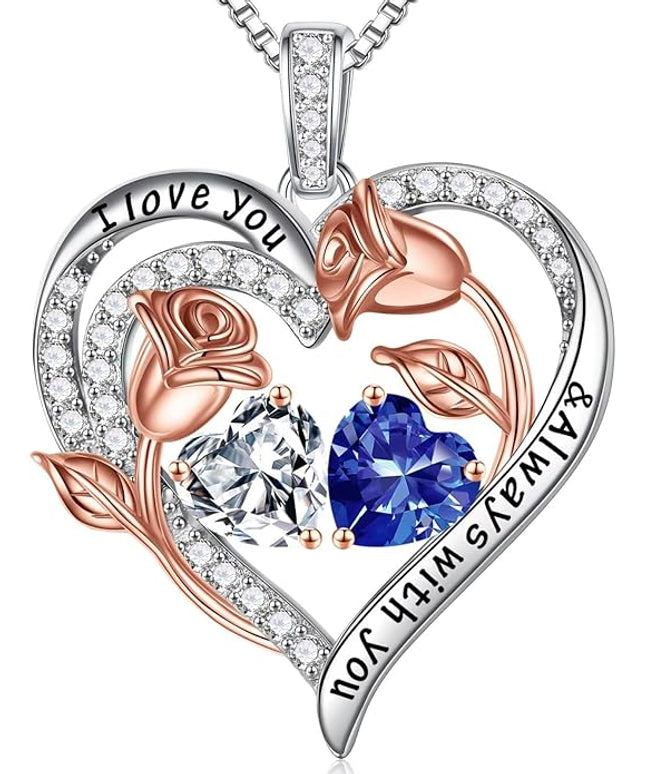 Iefil Christmas Gifts for Women Wife - 925 Sterling Silver Rose Heart Birthstone Necklace Birthday Anniversary Jewelry Gifts for Her Wife Mom Daughter