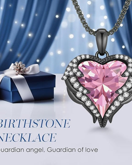 CDE Christmas Gifts for Women Angel Wings Necklace for Women with Birthstone, Love Heart Silver Tone/Gold Tone Pendant, Ideal Anniversary or Birthday Jewelry Gifts for Wife Girlfriend Her