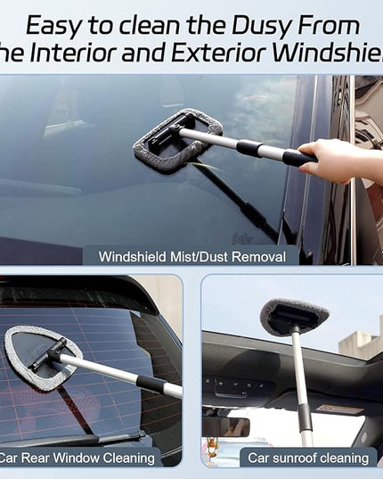 Windshield Cleaner Tool, Car Interior Window Cleaning Tool, Car Wash kit with 4 Reusable Microfiber Pads, 2 Extendable Handle and 2 Spray Bottles, Glass Wiper Kit for Windshield, Home Windows