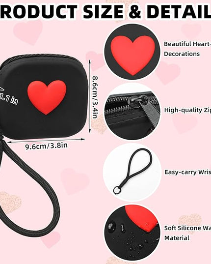 Small Silicone Coin Purse Heart Pattern Mini Silicone Coin Pouch with Hand Strap Change Pouch Mini Zipper Wallet for Women Girls (Black)