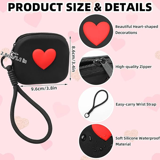 Small Silicone Coin Purse Heart Pattern Mini Silicone Coin Pouch with Hand Strap Change Pouch Mini Zipper Wallet for Women Girls (Black)