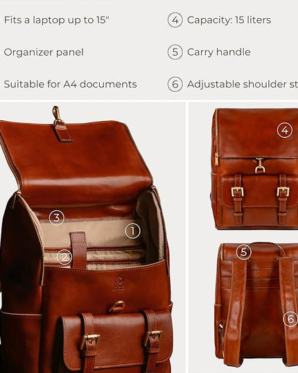 Time Resistance Leather Backpack - Laptop Travel Bag Rucksack up to 15” - Bag for Men and Women (Cognac Brown)
