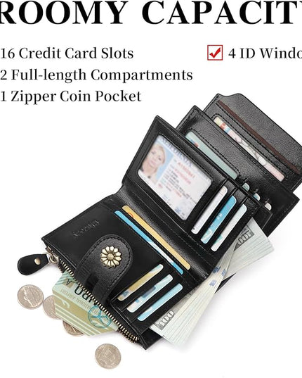 Blucoay Wallet Women,RFID Blocking Leather Womens Wallet Bifold Compact Card Holder Small Wallet for Women with Removable ID Window Black