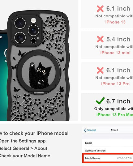 Wavy Case for iPhone 13 Pro Max Case with Stand [Compatible with MagSafe] Cute Black Cat & Floral & Butterflies Pattern Design, Kawaii 360 Magnetic Ring Kickstand Phone Cover for Women Girls