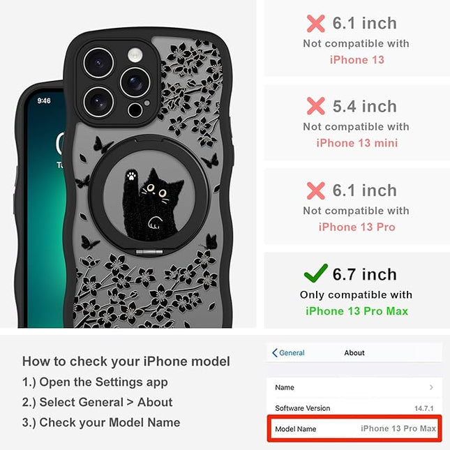 Wavy Case for iPhone 13 Pro Max Case with Stand [Compatible with MagSafe] Cute Black Cat & Floral & Butterflies Pattern Design, Kawaii 360 Magnetic Ring Kickstand Phone Cover for Women Girls