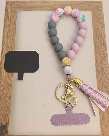 Phone Lanyard Silicone Beaded Phone Wrist Strap Cute Elastic Cell Phone Wristlet Chain Bracelet with 2 Tether Tab
