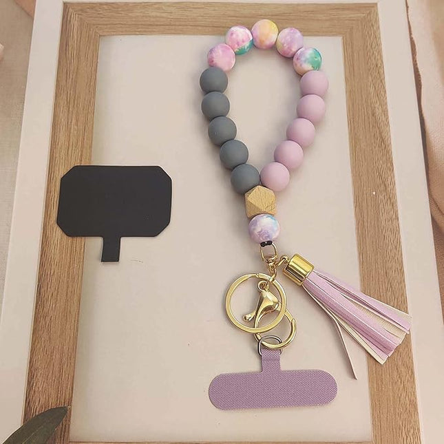 Phone Lanyard Silicone Beaded Phone Wrist Strap Cute Elastic Cell Phone Wristlet Chain Bracelet with 2 Tether Tab