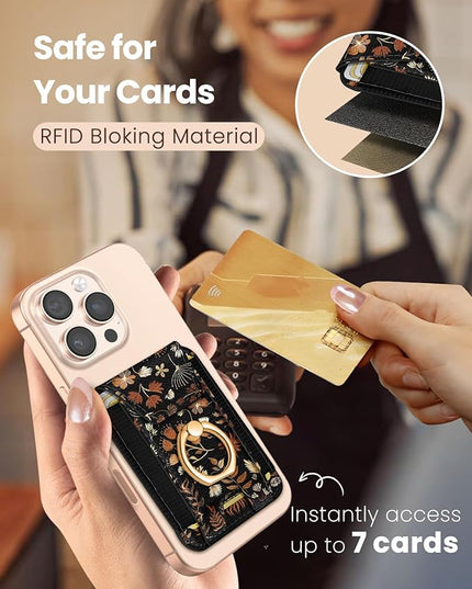 Shorogyt Compatible with Magsafe Wallet with Grip Magnetic Card Holder - Cute Phone Wallets with Ring Stand Grip for iPhone 17/16/15/14/13/12 Series for Women Girls Black Leaves Design, Fit 7 Cards