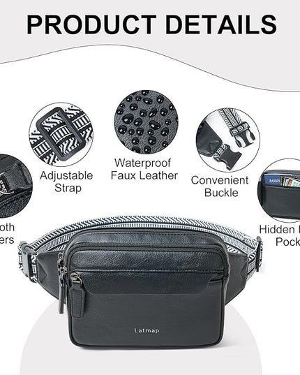 LATMAP 3L Fanny Packs for Women Cross Body Bag Vegan Leather Chest Belt Bag Fashion Waist Pack Small Bum Bag Crossbody for Travel Running Workout, Black
