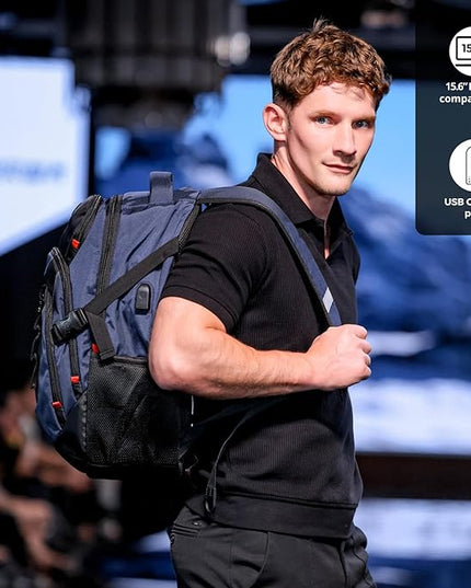 Swissdigital Design Laptop Backpack with USB Charging Port, Travel Backpack Fits 15.6 inches Computer, 31L College School Backpack for Men, Blue/Black | SD803-12 | Water Repellent