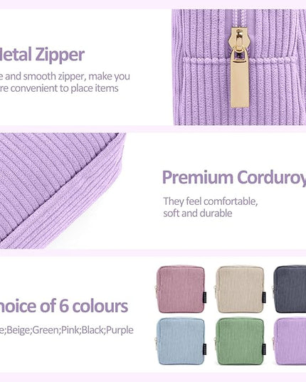 MAGEFY Small Makeup Bag for Purse Mini Cosmetics Bag Corduroy Cute Cosmetic Pouch for Women with Slip-in Pockets