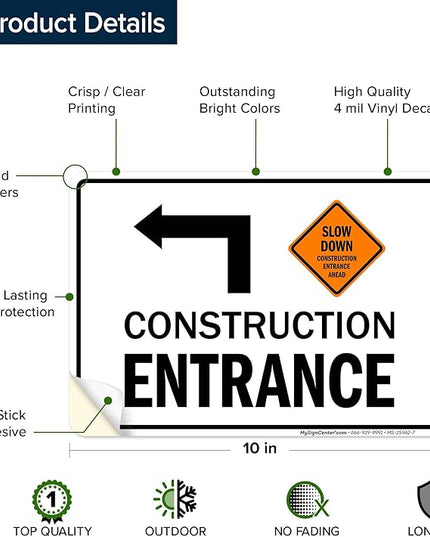 Slow Down Construction Entrance Ahead With Left Arrow Sign, 10x7 Inches, 4 Mil Vinyl Decal Stickers Weather Resistant, Made in USA by My Sign Center