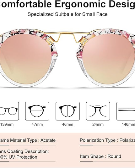 CARFIA Small Face Acetate Polarized Sunglasses for Women UV Protection, Retro Double Bridge Eyewears Metal Brow Round Sunnies