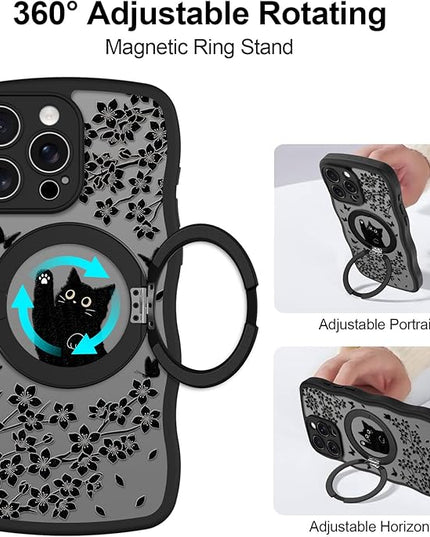 Wavy Case for iPhone 15 Pro Case with Stand [Compatible with MagSafe] Cute Black Cat & Floral & Butterflies Pattern Design, Kawaii 360 Magnetic Ring Kickstand Phone Cover for Women Girls