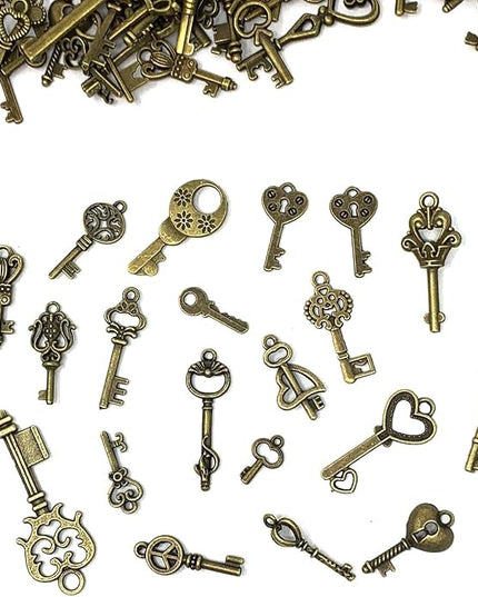 125 PCS Vintage Skeleton Key Set Charms, JIALEEY Mixed Antique Style Bronze Brass for Pendant DIY Jewelry Making Wedding Party Favors