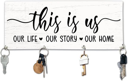 Yhtmbf This is Us Wooden Key Holder for Wall - 5"x10" Key Organizer Hanger with 4 Hooks for Home Front Door Hallway Entryway Kitchen - Home Office Decor & Housewarming Gifts Supplies - A05