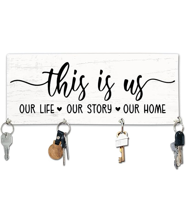 Yhtmbf This is Us Wooden Key Holder for Wall - 5"x10" Key Organizer Hanger with 4 Hooks for Home Front Door Hallway Entryway Kitchen - Home Office Decor & Housewarming Gifts Supplies - A05