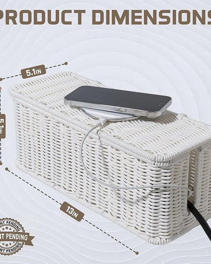 Cable Management Box, Handmade Rattan Cable Organizer with 2 Open Slots, Cord Hider for Power Strip, Router & USB Hub, Registered U.S. Design Patent (D1,112,102), 13" x 5.1" x 5.1", White