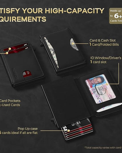 RUNBOX Slim Card Wallet for Men with ID Window – Minimalist RFID Wallet, Pop-Up Function, Ultra Thin Design, Metal Business Card Case Holds 8+ Cards, Gifts for Men, Men's Accessories