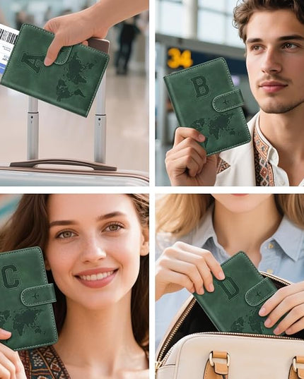 Personalized B Passport Holder Cover Initial Letter Travel Wallet RFID Blocking Passport Cover Credit Card Holder Case Passport Book Holders for Women and Men, Pine Green-B