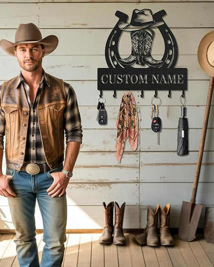 LOWACOS Personalized Key Holder for Wall, Custom Metal Cowboy Key Hooks with Name, Meta Jacket Holder Hooks Organizer Rack, Jacket Hanger Decor for Kitchen, Entryway, Hallway, Office, Doorway