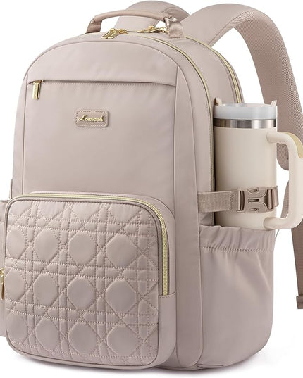 LOVEVOOK Laptop Backpack for Women with Pouch Pocket for Large Capacity Cup,15.6 Inch Teacher Nurse College Work Backpack Purse,Waterproof Laptop Bag Computer Back Pack for Travel, Nude+Wicker pattern