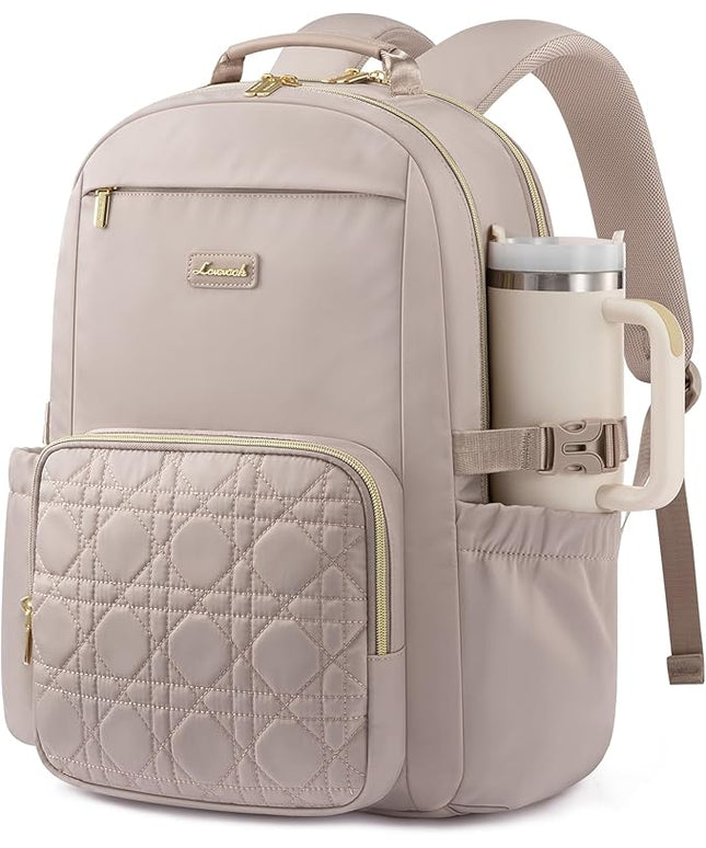LOVEVOOK Laptop Backpack for Women with Pouch Pocket for Large Capacity Cup,15.6 Inch Teacher Nurse College Work Backpack Purse,Waterproof Laptop Bag Computer Back Pack for Travel, Nude+Wicker pattern