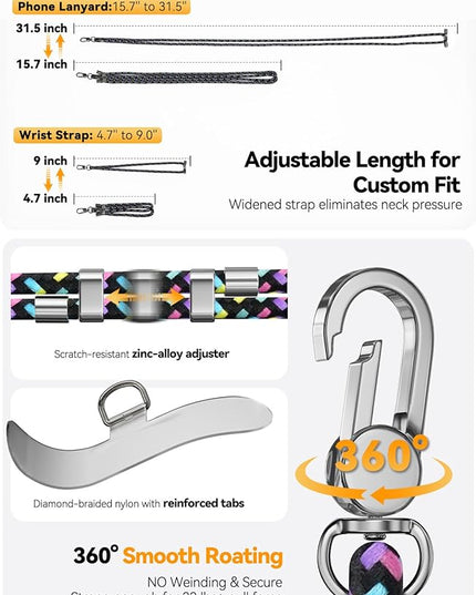 4-IN-1 Phone Lanyard + Wrist Strap, 2PCS Adjustable Length Cell Phone Lanyard with 2 Tether Tabs for iPhone,Smartphones