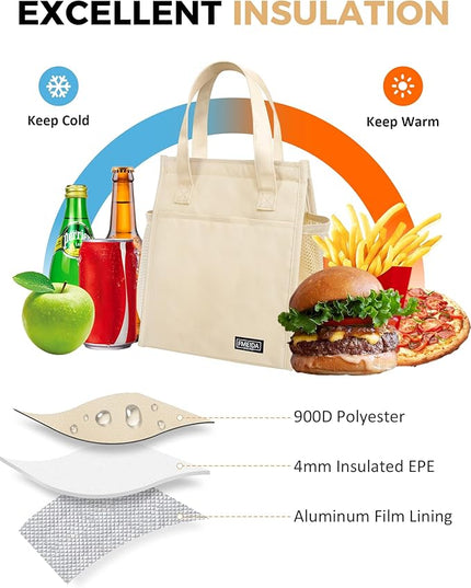 Fmeida Insulated Lunch Bag Women, 9L Large Lunch Bags with Multiple Pockets, Reusable Thermal Cooler Tote for Work, Office, Picnic, Travel | Hook and Loop Closure, Beige