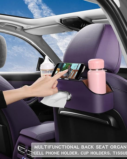 Car Seat Back Organizer - Stylish & Functional Storage for Family Adventures - Cup Holders, Tissue Box & Hooks - Perfect for Kids, Road Trips & Travel (Purple)