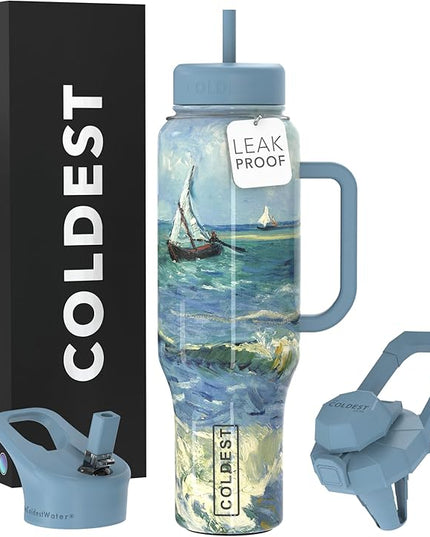 Coldest Tumbler with Handle and Straw - 100% Leak Proof Insulated Tumbler with Lid and Straw (3 Lids) - Stainless Steel Tumblers for Women & Men - Cup Holder Friendly Base, 46 oz (Seascape)
