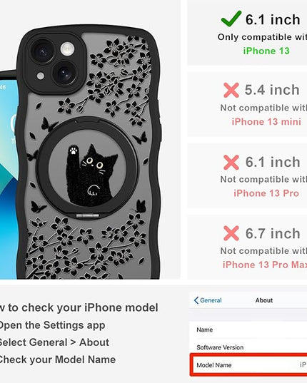 Wavy Case for iPhone 13 Case with Stand [Compatible with MagSafe] Cute Black Cat & Floral & Butterflies Pattern Design, Kawaii 360 Magnetic Ring Kickstand Phone Cover for Women Girls